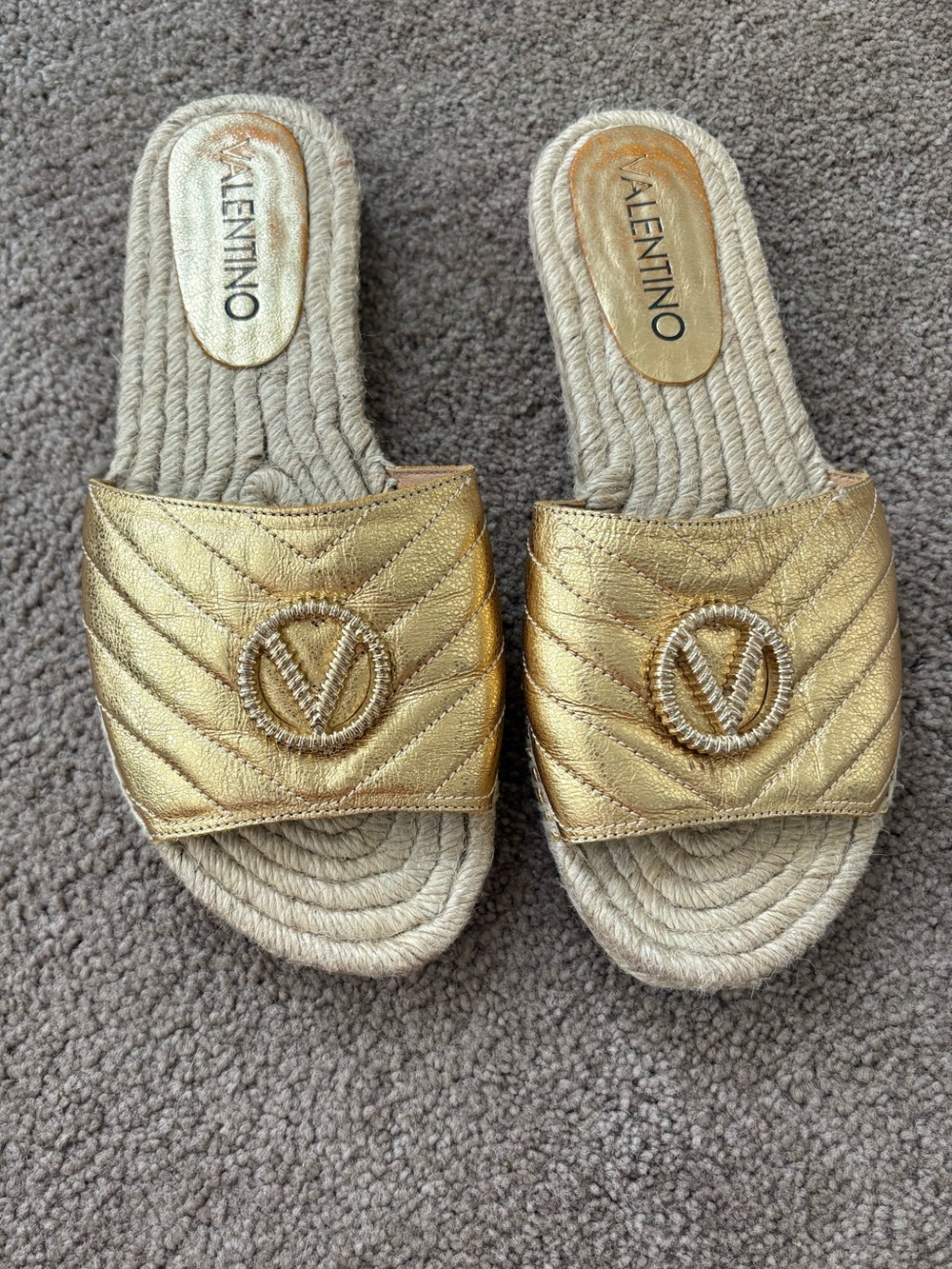 Valentino Metallic Gold Quilted Logo Slide Sandals